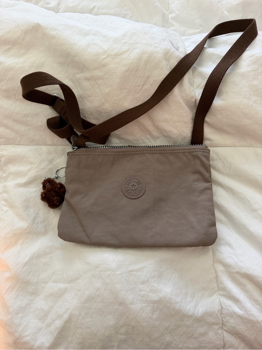 Kipling Taupe Crossbody with Brown Strap and Monkey Charm